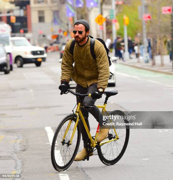 Actor Justin Theroux is seen biking in Soho on April 17, 2018 in New York City.