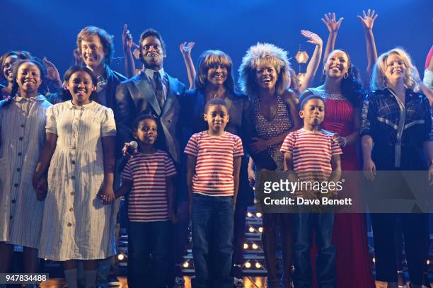 Tina Turner poses with cast members including Kobna Holdbrook-Smith and Adrienne Warren at the curtain call during the press night performance of...