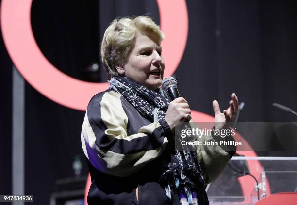 Sandi Toksvig speaks on stage, as thousands of Global Citizens unite with leading UK artists industry leaders, and non-profit organizations for...