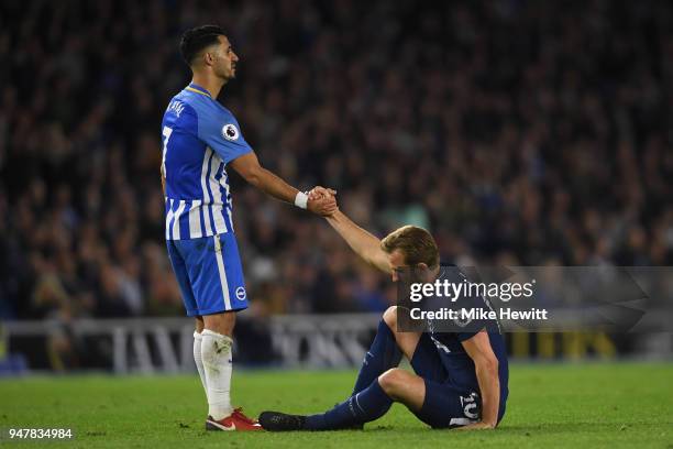 Beram Kayal of Brighton & Hove Albion helps Harry Kane of Tottenham Hotspur to his feet during the Premier League match between Brighton and Hove...