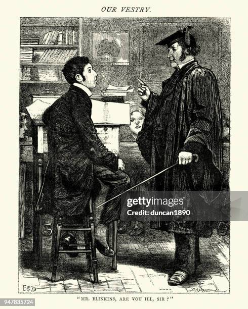 dickens's our school, mr. blinkins, are you ill, sir - graduation gown stock illustrations