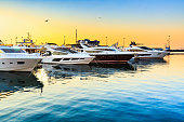 Luxury yachts docked in sea port at sunset.
