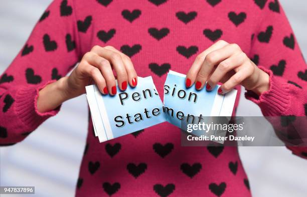 woman tearing up pension statement - 401k statement stock pictures, royalty-free photos & images