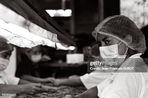 Femme avec un masque dans une plantation équitable et de conditionnement en sac, le 4 juin 2012, Pérou.