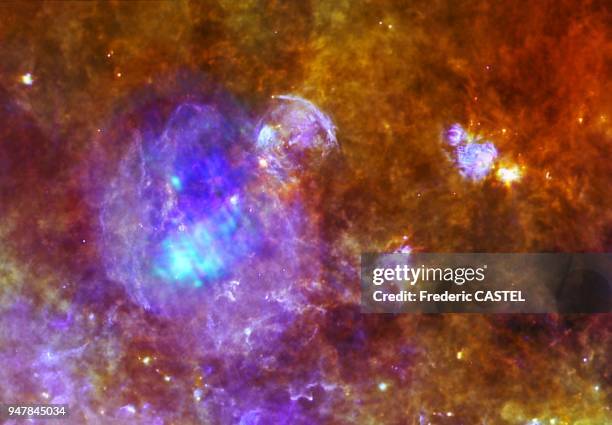 Example of pulsar called PSR B1853+01. It is the bright point to the top left in supernova remnant called W44 . Like other pulsars, as it rapidly...