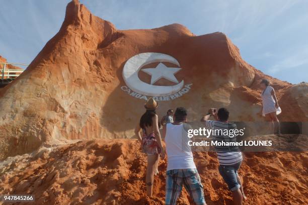 Famous tourist beach resort which symbol is the moon and star in May 2013 in Canoa Quebrada, Brazil.