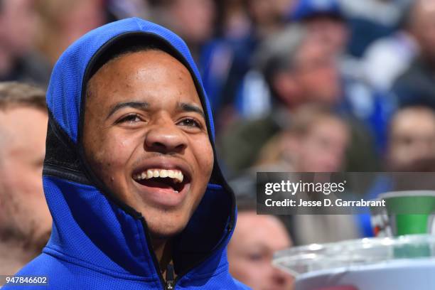 Markelle Fultz of the Philadelphia 76ers looks on before the game against the Miami Heat in Game Two of Round One of the 2018 NBA Playoffs on April...