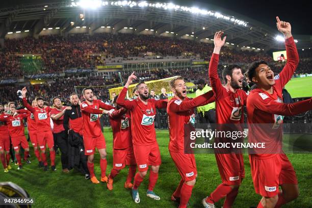 Les Herbier's footballers celebrate after winning the French cup semi-final match between Les Herbiers and Chambly at The Beaujoire Stadium in Nantes...