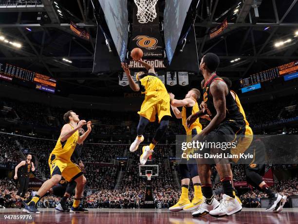 Trevor Booker of the Indiana Pacers goes to the basket against the Cleveland Cavaliers in Game One of Round One during the 2018 NBA Playoffs on April...