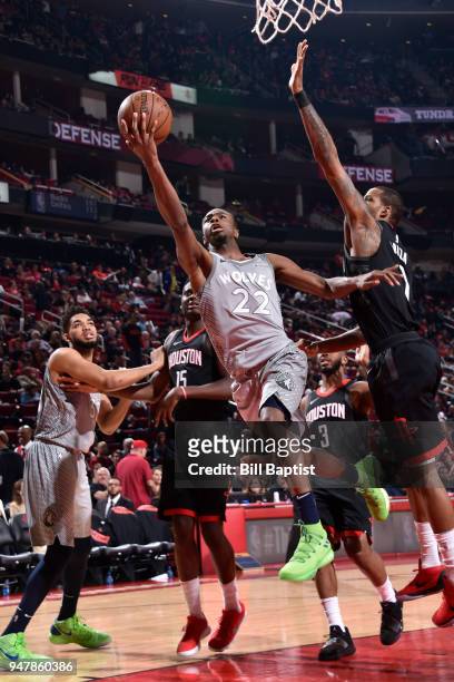 Andrew Wiggins of the Minnesota Timberwolves glides to the basket against the Houston Rockets in Game One of Round One of the 2018 NBA Playoffs on...