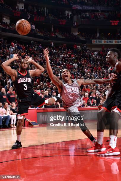 Jeff Teague of the Minnesota Timberwolves attempts a shot during the game against the Houston Rockets in Game One of Round One of the 2018 NBA...