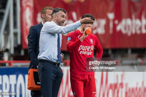 Coach Marino Pusic of FC Twente give instructions to Danny Holla of FC Twente during the Dutch Eredivisie match between FC Twente Enschede and PEC...