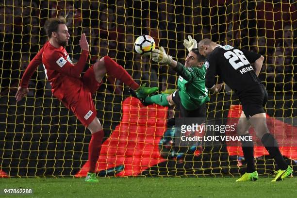 Les Herbiers goalkeeper Matthieu Pichot makes a save during the French cup semi-final match between Les Herbiers and Chambly at The Beaujoire Stadium...