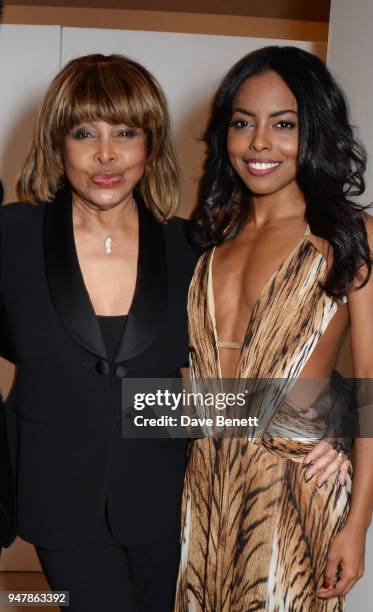 Tina Turner and cast member Adrienne Warren attend the press night after party for "Tina: The Tina Turner Musical" at Somerset House on April 17,...