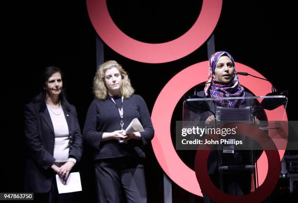 Concetta Fierravanti-Wells, Penny Mordaunt and Muzoon Almellehan on stage, as thousands of Global Citizens unite with leading UK artists industry...