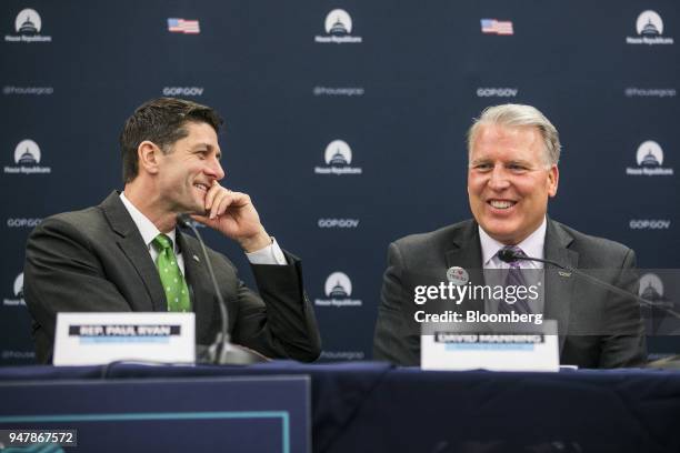 House Speaker Paul Ryan, a Republican from Wisconsin, left, and David Manning, president of Tennessee Commercial Warehouse Inc. , laugh during a...