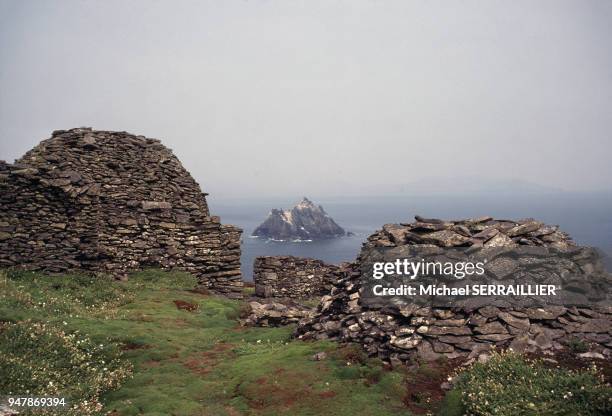 Beehive huts du monastère de l'île Skellig Michael, en 1977, Irlande.