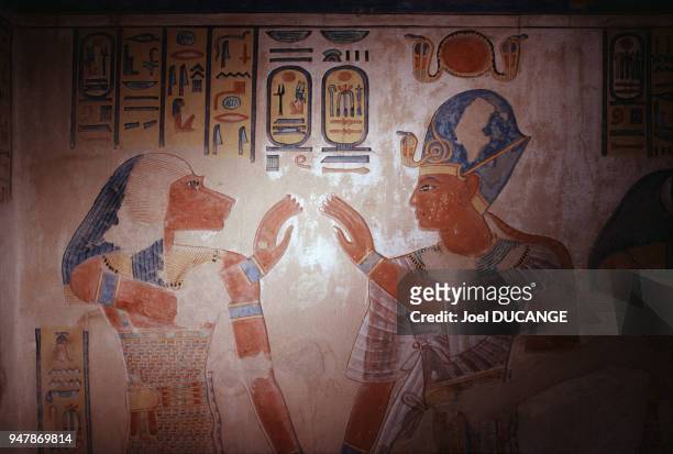 Bas-reliefs peints du tombeau d'Amonherkhépeshef, fils de Ramsès III, dans la vallée des reines, en mai 1988, Egypte.