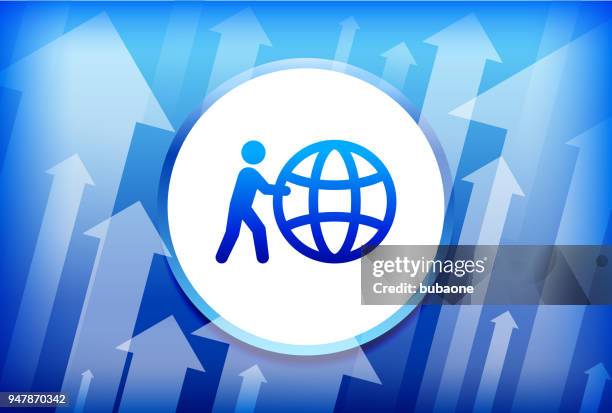 stick figure pushing globe blue up arrows background - world map 3d render stock illustrations
