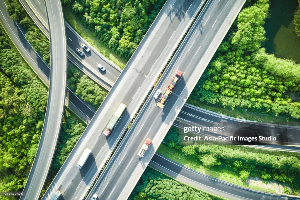 Luftbild von Verkehr und Überführungen im Frühjahr
