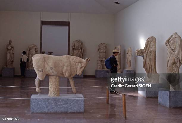 Statue de taureau en marbre du Musée archéologique d'Olympie, en mars 1987, Grèce.