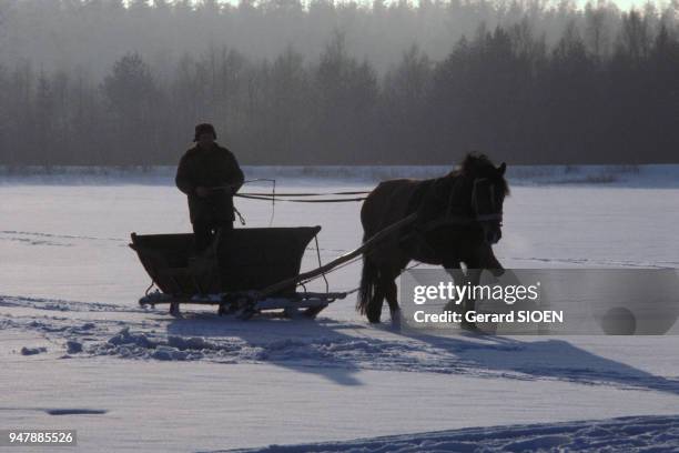 Traineau sur le lac Wigry gelé, en mars 1980, Pologne.