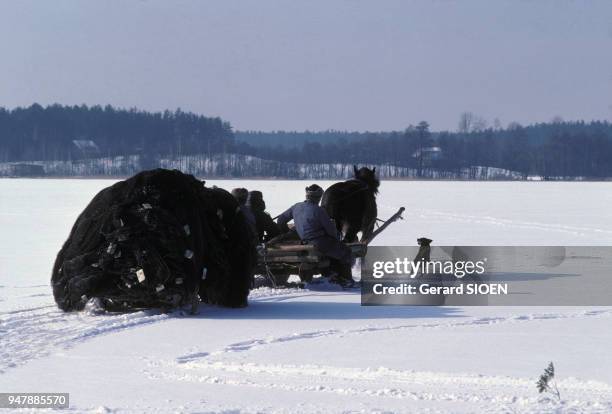 Traineau d'un pêcheur sur le lac Wigry gelé, en mars 1980, Pologne.