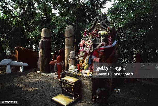 Sculptures phaliques du temple de la fertilité, Chao Mae Tuptim, à Bangkok, en mars 1985, Thaïlande.