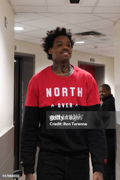 Lucas Nogueira of the Toronto Raptors arrives before the game against the Washington Wizards in Game Two of Round One of the 2018 NBA Playoffs on...