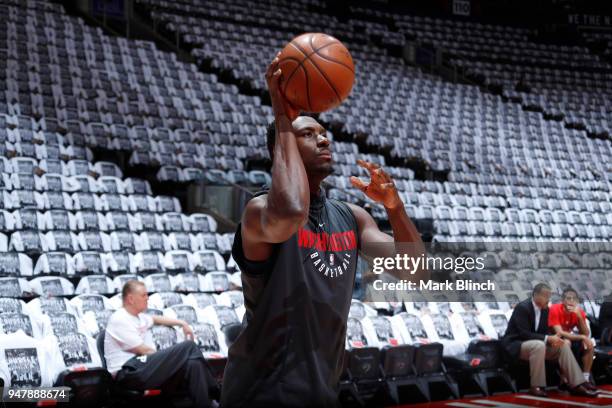 Ian Mahinmi of the Washington Wizards shoots the ball before the game against the Washington Wizards in Game Two of Round One of the 2018 NBA...