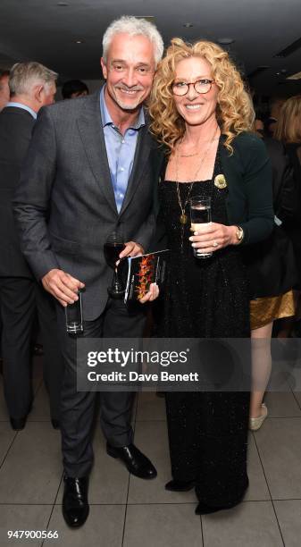 John Gardiner and Kelly Hoppen attend a drinks reception ahead of 'An Evening With Chickenshed' charity performance at ITV Studios on April 17, 2018...