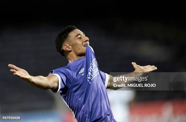 Uruguay's Defensor Sporting player Carlos Benavídez celebrates his second goal against Venezuela's Monagas during their 2018 Copa Libertadores...