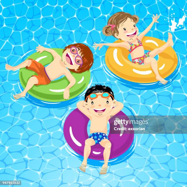 children relaxing on inner tube - pre adolescent child stock illustrations