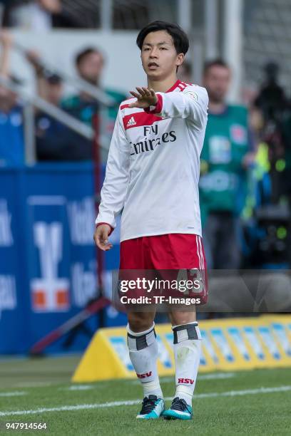 Tatsuya Ito of Hamburg gestures during the Bundesliga match between TSG 1899 Hoffenheim and Hamburger SV at Wirsol Rhein-Neckar-Arena on April 14,...