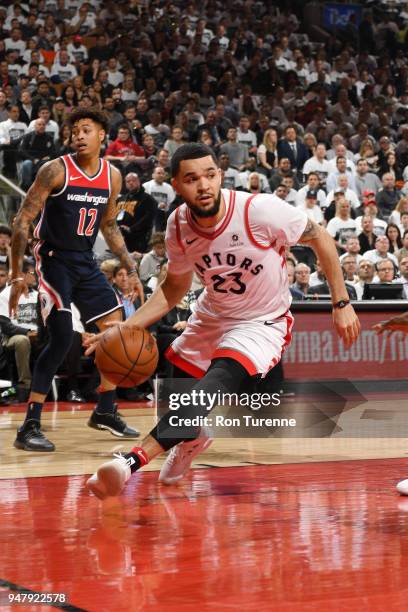 Fred VanVleet of the Toronto Raptors handles the ball against the Washington Wizards in Game Two of Round One of the 2018 NBA Playoffs on April 17,...