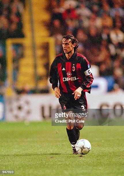 Paolo Maldini of AC Milan in action during the UEFA Champions League Group B match against Deportivo La Coruna played at the Estadio Riazor, in...