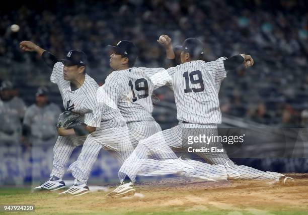 Masahiro Tanaka of the New York Yankees delivers a pitch in the fifth inning against the Miami Marlins at Yankee Stadium on April 17, 2018 in the...