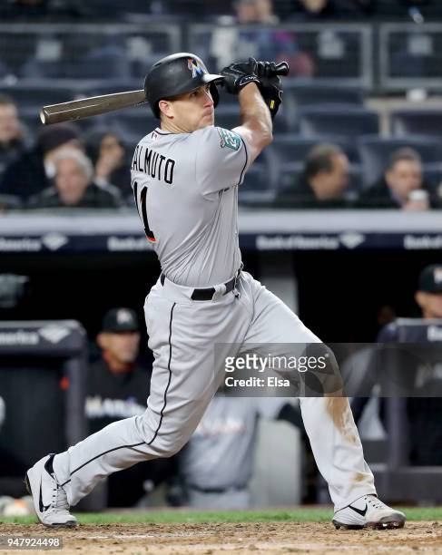 Realmuto of the Miami Marlins hits a three run home run in the fifth inning against the New York Yankees at Yankee Stadium on April 17, 2018 in the...