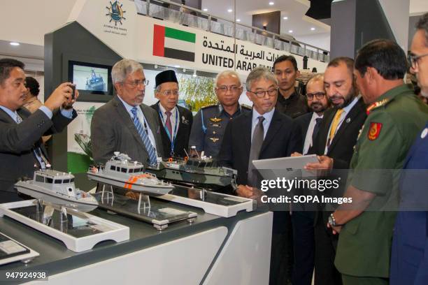 Regent of Pahang Tengku Abdullah Sultan Ahmad Shah seen visiting Al Fattan Ship Industry booth at DSA 2018. The 16th Defense Service Asia Exhibition...