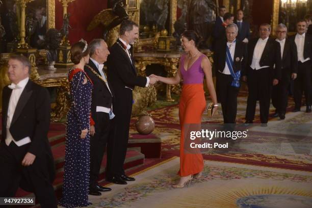 Queen Letizia of Spain, President of Portugal Marcelo Rebelo de Sousa and King Felipe VI of Spain greet Garbiñe Muguruza in a dinner gala for the...