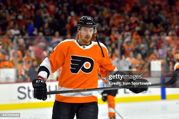 Philadelphia Flyers left wing Michael Raffl looks on before the NHL game between the Pittsburgh Penguins and the Philadelphia Flyers on April 15,...