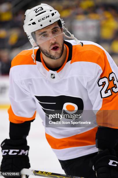 Philadelphia Flyers defenseman Brandon Manning warms up before Game Two of the Eastern Conference First Round in the 2018 NHL Stanley Cup Playoffs...