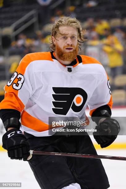 Philadelphia Flyers right wing Jakub Voracek warms up before Game Two of the Eastern Conference First Round in the 2018 NHL Stanley Cup Playoffs...