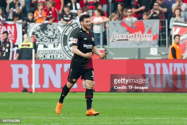 Kevin Volland of Leverkusen celebrates after scoring his team`s fourth goal during the Bundesliga match between Bayer 04 Leverkusen and Eintracht...