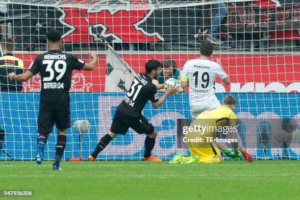 Kevin Volland of Leverkusen scores the team`s fourth goal during the Bundesliga match between Bayer 04 Leverkusen and Eintracht Frankfurt at BayArena...
