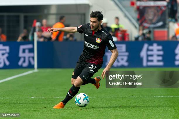 Kevin Volland of Leverkusen controls the ball during the Bundesliga match between Bayer 04 Leverkusen and Eintracht Frankfurt at BayArena on April...