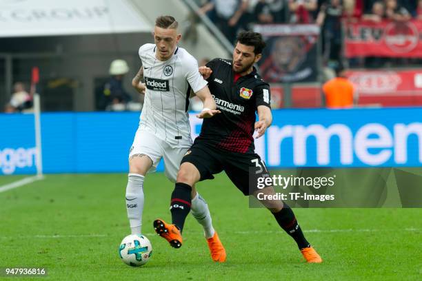 Marius Wolf of Frankfurt and Kevin Volland of Leverkusen battle for the ball during the Bundesliga match between Bayer 04 Leverkusen and Eintracht...