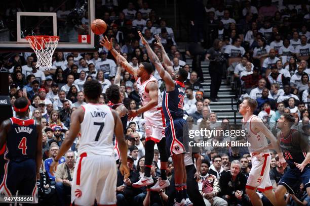 Norman Powell of the Toronto Raptors shoots the ball against the Washington Wizards in Game Two of Round One of the 2018 NBA Playoffs on April 17,...