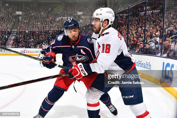 Seth Jones of the Columbus Blue Jackets checks Chandler Stephenson of the Washington Capitals during the second period in Game Three of the Eastern...