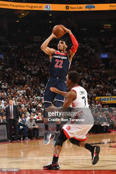 Otto Porter Jr. #22 of the Washington Wizards shoots the ball against the Toronto Raptors in Game Two of Round One of the 2018 NBA Playoffs on April...